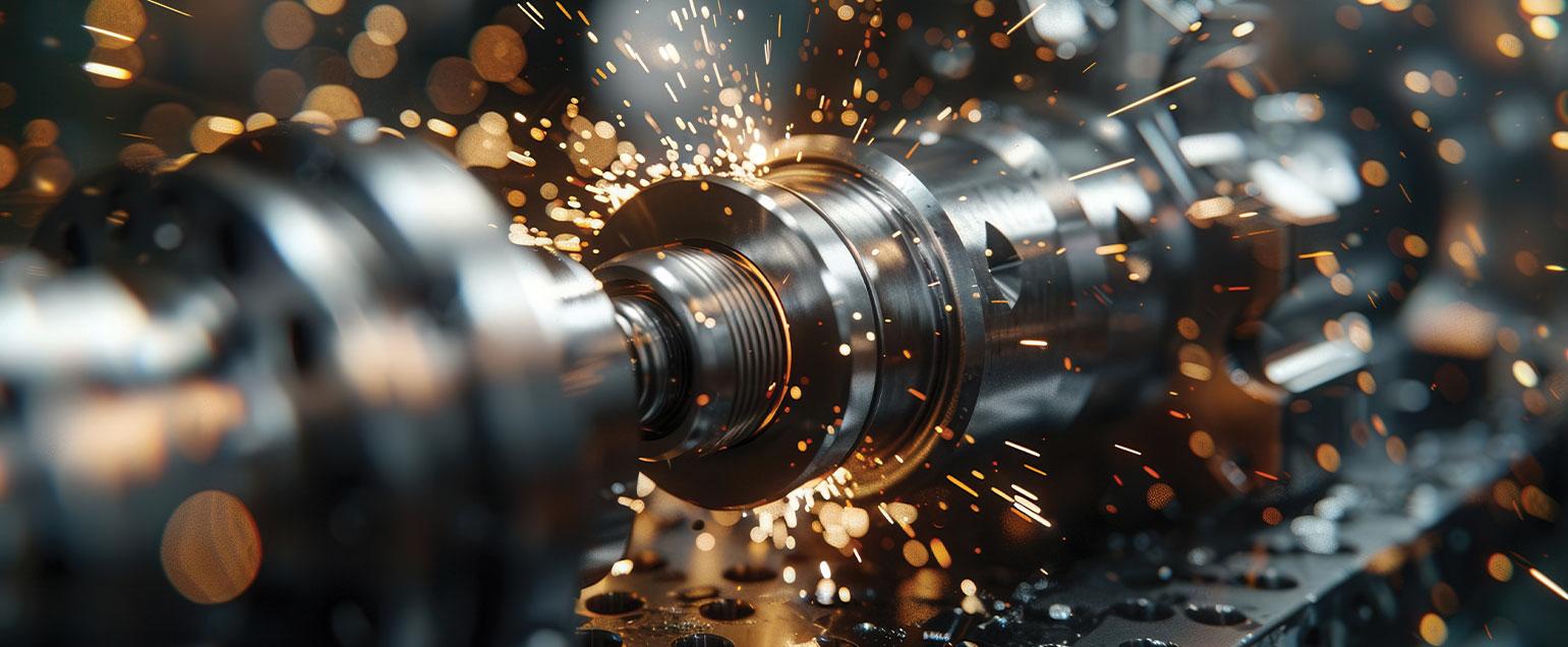 Detailed view of stainless steel CNC machining, super realistic, factory environment, metal fabrication, bright sparks, advanced equipment, precise and efficient manufacturing